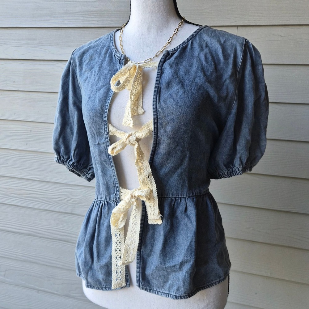 Wstern Denim Tie Front Top Womens Medium Coquette Cottagecore Boho Chic Country - Picture 2 of 8
